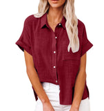 Summer New Women's Solid Color Linen Shirt Short Sleeve Casual Loose