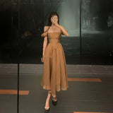 New Elegant Midi Dress For Women Solid One Piece A Line Femme Holiday Fashion Party Prom Clothing