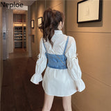 Korean Chic Suit Women 2 Piece Long Blouses Sets Puff Sleeve Turn-down Collar Tops Sashes Slim Cowboy Vest Two Piece