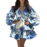 Women's Elegant Fashion V-Neck Bubble Sleeve Print Lotus Leaf Side Short Dress