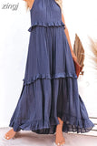 Casual Long Dress Women Summer Female Ruffle Pullover Beach Dresses Ladies Elegant Sleeveless Hollow Tie-Up Party
