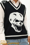 Skulls Blue Knitted Sweaters for Women Fashion Winter Tops Oversized Jumper V Neck Long Sleeve Pullovers Halloween