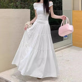 Fatmm Cake White Dress Autumn Big Umbrella Skirt Folded Tight Body Fat Long
