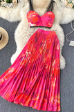 Vacation Beach 2pcs Set Women Floral Printed Short Strapless Tops And High Waist Pleated Long Skirt Suit Spring