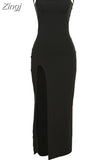 Elegant Vestidos Outfits Women Spaghetti Strap Sexy Split Solid Slim Lady Ankle Fashion Classic Length Maxi Dresses