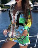 Women Two Piece Set Eyelet Embroidery Buttoned Shirt Top &amp; Pocket Design Shorts Set