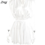Deep V Neck Satin Dresses Women 2023 Spring Sexy Sleeveless Elegant Blue Robe Solid Backless Bodycon Mini Dress