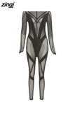 Velvet&Mesh Patchwork Skinny Bodystocking Women Jumpsuits Activity Wear Sexy See-Through Stretchy Romper