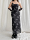 Gothic Grunge Floral Print Slip Mesh Dress Long Ladies Fashion Chic Y2K Double Layer Sexy Maxi Dresses 90s