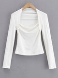 New Fashion Spring Women's Clothes Solid Skinny Sexy Tops Lust Fake Two Long Sleeve Deep Square Collar