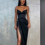 2022 Summer Women Sexy Party Dress Spaghetti Strap Silk Red Black Split Long Satin