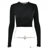 Solid Color Women Wrinkled Style Summer Crop Tops Female Long Sleeve T-shirt New Chic Club