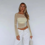 Summer New Round Neck Long Sleeve Mesh Perspective Exposed Waist Top With Hot Girl