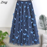 Long Tulle Midi Skirt Women Embroidery Butterfly High Waist Mesh Pleated Skrit Korean Sweet Pink Gray Tutu Skirts