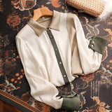 Up Office Silk Blouse Fashion Women Three-color Patchwork Silk Shirt Mulberry Lady Long Sleeve Tops Elegant Clothes