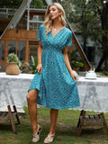 Printed Casual Beach Midi Dresses Women Summer V-neck Short Sleeve Empire Waist A-Line Dress Sundress Vestido Robes
