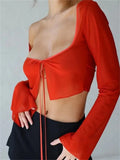 Zingj 2023 Sexy Y2K Women Mesh Sheer T-shirts Exposed Navel Crop Tops Long Sleeve Square Neck Tie-Up See Through 211-0-Outfit