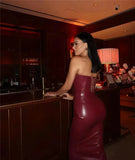 Burgundy Strapless PU Leather Maxi Dress- Outfit