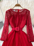 Women Lace Patchwork Pleated Long Dress Vintage Round Neck High Waist Big Swing Draped Vestidos Female Green/Red Robe
