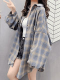 Checkered Baggy Long Sleeve Button Blouse- Outfit