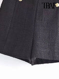 Women Fashion Front Metal Buttons Tweed Shorts Vintage High Waist Side Zipper Female Short Pants