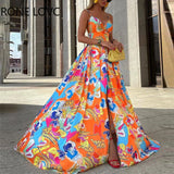 Women Elegant Spaghetti Straps A-line V Neck All Over Print with Abstract Pattern High Silt Maxi Beach Party Sexy Vacation