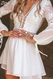 2023 Elegant Women Summer Casual Boho Backless Long Sleeve Hollow Out Solid Dress Evening Party Summer Beach