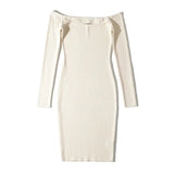 Sexy knitted off shoulder Cut Out Bodycon Solid Slim Dress Knee Length Long Sleeve Backless Casual Pencil