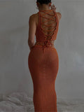 Women Knitted Two Piece Set Crochet Hollow Out Backless Tie Up Bandage Crop Top Vest Wrap Bodycon Long Skirts