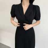 Women Elegant Casual Midi Dress Office Lady Puff Sleeve Pleated A-Line Dress 2022 Fashion