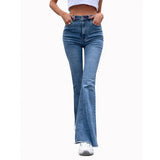 Button Fly Women's Raw Hem Flare Jeans Autumn Fashion Woman Denim Pants Jean Femme High Waist Full Length Slim