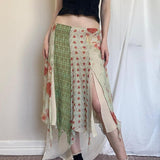 Zingj Retro Wind Fabric Patchwork Split Skirt Low Waist Flounce Irregular Place Long