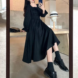 Black Elegant Dress Women Vintage Long Sleeve Spring Autumn Dresses Square Collar Oversize Loose Casual Robe