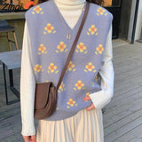 Vest Women Blue Sleeveless V-neck Floral Jacquard Elegant Korean Style Knitting Spring Autumn All-match College