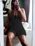 Summer Fitness Biker Romper Women Slim Sleeveless Backless Zipper Hollow Stretchy Playsuits Sportswear Overall