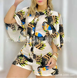 New Printed Lapel With A Row Of Buttons, Middle-Sleeved Shirt And One-Piece Trousers From