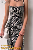 Women's Sexy Zebra Print Midi Dress Bodycon Low Cut Side Split Spaghetti Strap Dress Evening Party Cami Dress