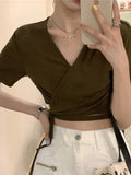Summer Casual Tee Tops Women T shirts Solid V-neck Sexy Cropped Cross Tie-Up Harajuku Basic Korean Street T-shirts