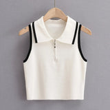 New Summer Lapel With Color Zipper Knitted Vest Shows The Navel Short Style