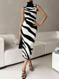 High-Neckless Sleeveless Striped Bag-Butyle Slimmed Sexy Knitted Dress