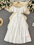 One-Word Collar Dress Women's High-End Lotus Leaf Edge French Embroidery Hollowed-Out Shoulder Waist Holiday