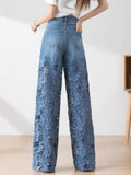 Elegant Jeans For Women High Waist Lace Patchwork Pantalones Hollow Out Denim Trousers Casual Loose All Match Pants