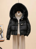 Korean Version Of The Ox Horn Button Down Jacket Women's Short Style 2024 Winter New Big Hair Collar And Thick Small Warm Coat Tide-Outfit