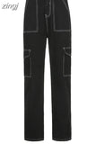 Women High Waist Pants Women Slim Denim Pocket Trouser Elastic Cargo Pant Girl Fashion Jeans Harajuku Style Pants