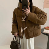 Sweet Wood Button Short Down Jacket Female 2024 Winter New Stand Collar Small Warm White Duck Down Bread Coat-Outfit