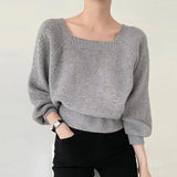 Zingj New Style Square Collar Bubble Lantern Sleeve Blouse Short Style Loose Knitted Sweater