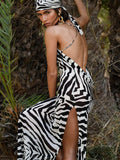 Spaghetti Strap Side Split Beach Dress Summer Sundress Women Clothes Elegant Zebra Back Open Club Party