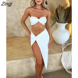 Sexy Strapless Hollow Out Women Dress White Sleeveless High Slit Dress Female Autumn Skinny Elegant Party Clubwear