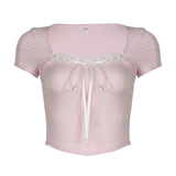 Girls Sexy Lace Tie Square Tie Bow Tie Waist Knitted Short-Sleeved Blouse Pure Desire Short