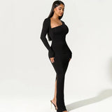 Zingj Women's Long Sleeve Oblique Collar Temperament Repair Behind The Fork Long Dress